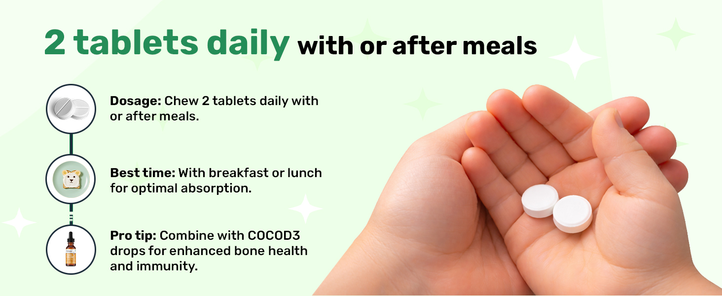Miduty Kids Calcium - Vitamin D3, K2 & Magnesium - Strong Bones & Teeth - Mint-Flavored, Sugar-Free Calcium Supplement for Active & Picky Eaters - 60 Chewables