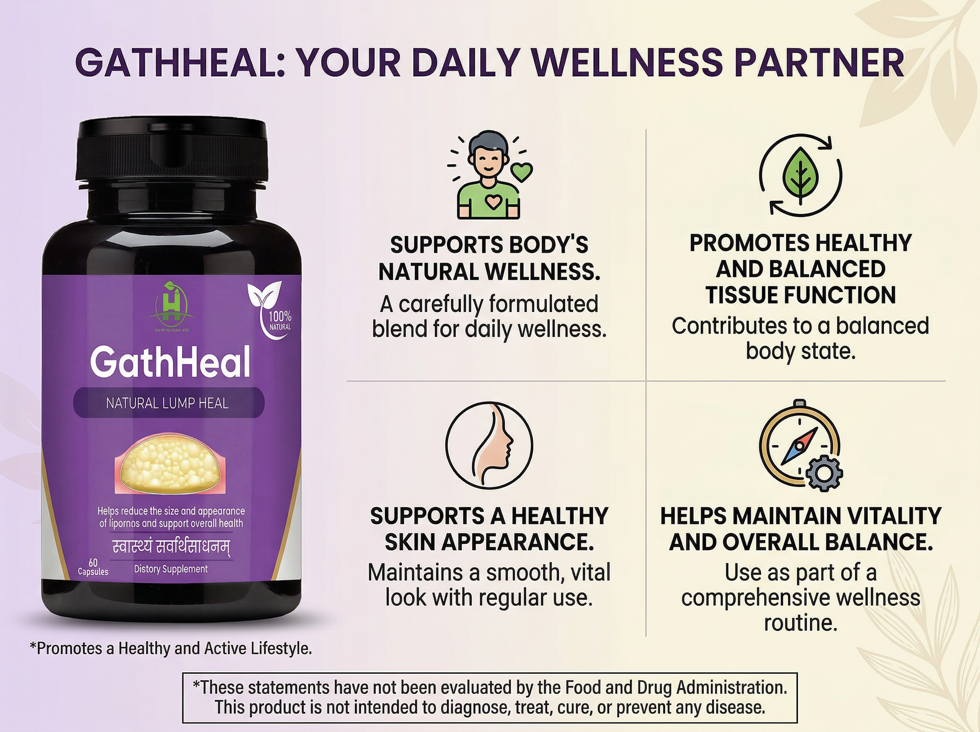 Healthy Nutrition GathHeal Herbal Supplement Capsules with Ashwagandha, Turmeric, White Willow & Bakuchi | Ayurvedic Botanical Wellness Support | Non-GMO Herbal Blend | 60 Capsules