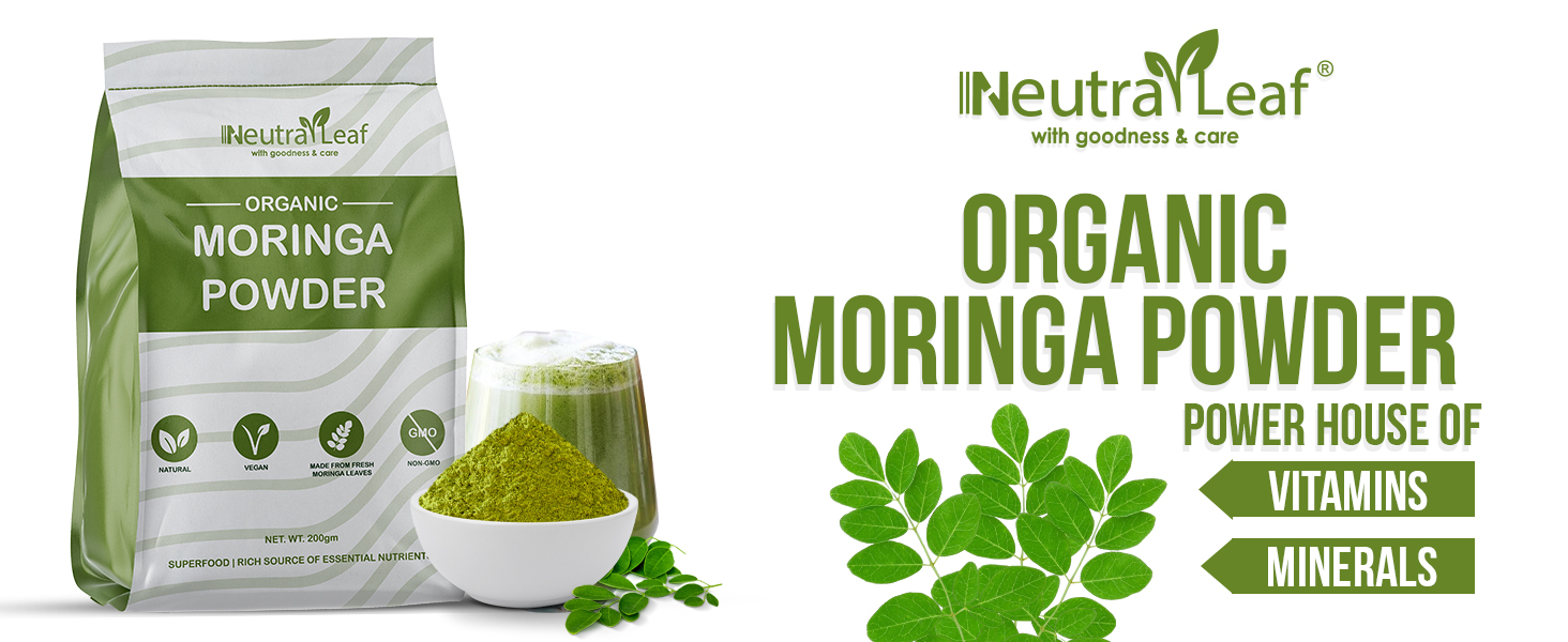 Neutraleaf Organic Moringa Powder | Drumstick Leaves Powder for Immunity | Rich in Iron, Calcium & Plant Protein | Superfood for Hair Growth & Glowing Skin | Non-GMO, Vegan | Resealable Bag | 200g