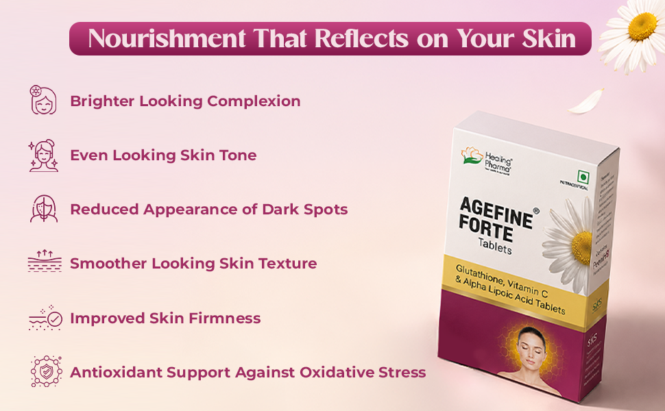 Healing Pharma - Agefine Forte Glutathione Tablets with Vitamin C & Alpha Lipoic Acid | Antioxidant Supplement for Skin Glow, Even Tone & Anti-Aging | 10 Tablets