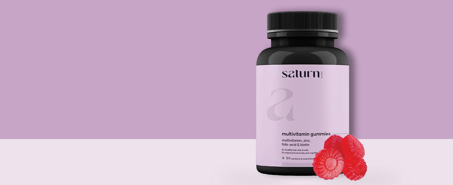 Saturn by GHC Multivitamin - 100% Vegan, 30 Gummies (Pack of 1) | Promotes Thick Hair & Restores Skin Glow Powered With Multivitamin, Biotin, Zinc & Folic Acid | Paraben, SLS-Free, Sulphate-Free