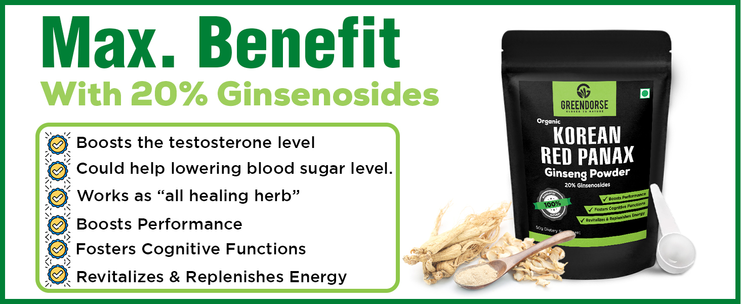 GREENDORSE Organic Korean Panax Ginseng Extract Powder |10% active Ginsenosides by HPLC | Lab tested| Immune & Cognitive support, Boosts Energy, Stamina, Vegan Friendly-30g