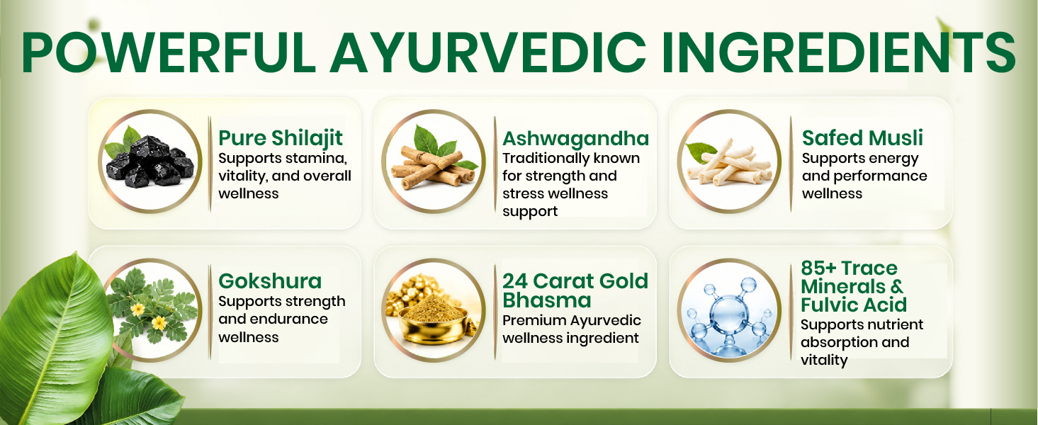 Vlado's Himalayan Organics 100% Pure shilajit with 24 Carat Gold Bhasam - 1100 MG/ Serving Capsules with Ashwagandha, Safed musli, Kaunch beej , Gokshura , Rajat & Swarnat Bhasma +12 more Higy potency Ayurvedic herbs I Extract,75% Fulvic Acid,85+ Trace Minerals | 10x More Powerful Shilajit/shilajeet I Boosts strength, Stamina, Power and Performance , Faster Muscle Recovery ,Restores Vigor and Vitality , Supports Healthy Testosterone Levels , For All Day Energy & Stamina - 60 Natural Capsules