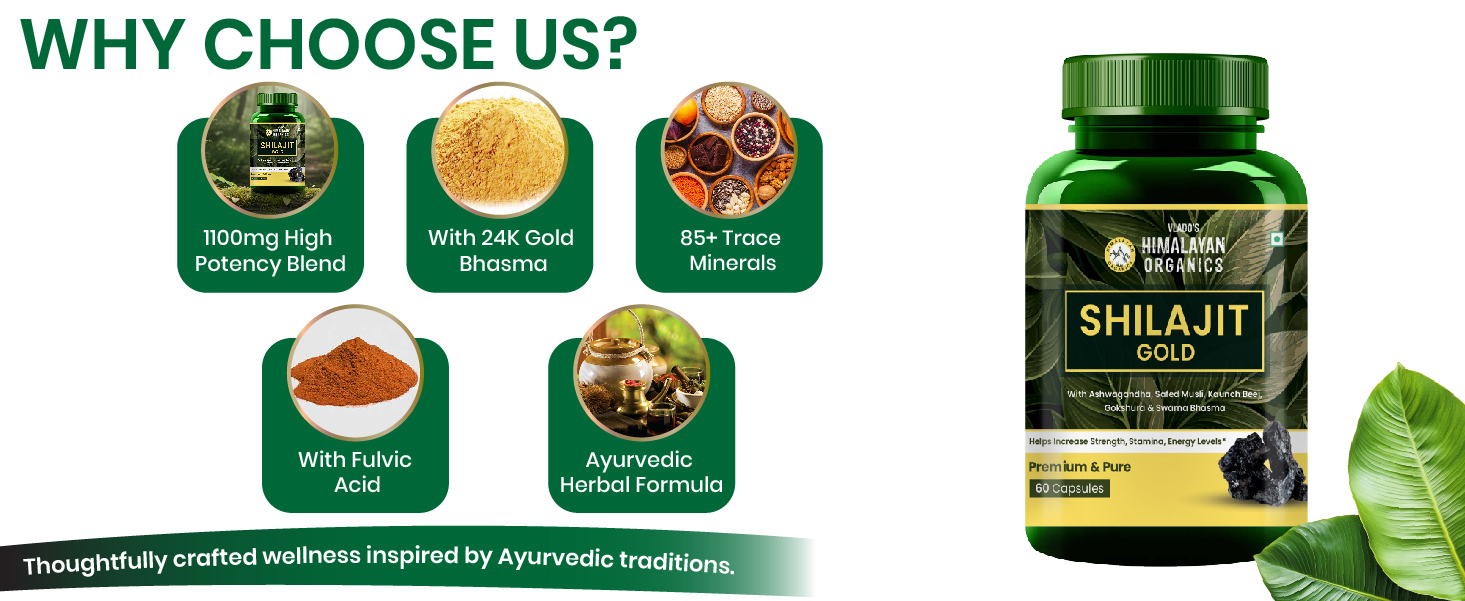Vlado's Himalayan Organics 100% Pure shilajit with 24 Carat Gold Bhasam - 1100 MG/ Serving Capsules with Ashwagandha, Safed musli, Kaunch beej , Gokshura , Rajat & Swarnat Bhasma +12 more Higy potency Ayurvedic herbs I Extract,75% Fulvic Acid,85+ Trace Minerals | 10x More Powerful Shilajit/shilajeet I Boosts strength, Stamina, Power and Performance , Faster Muscle Recovery ,Restores Vigor and Vitality , Supports Healthy Testosterone Levels , For All Day Energy & Stamina - 60 Natural Capsules