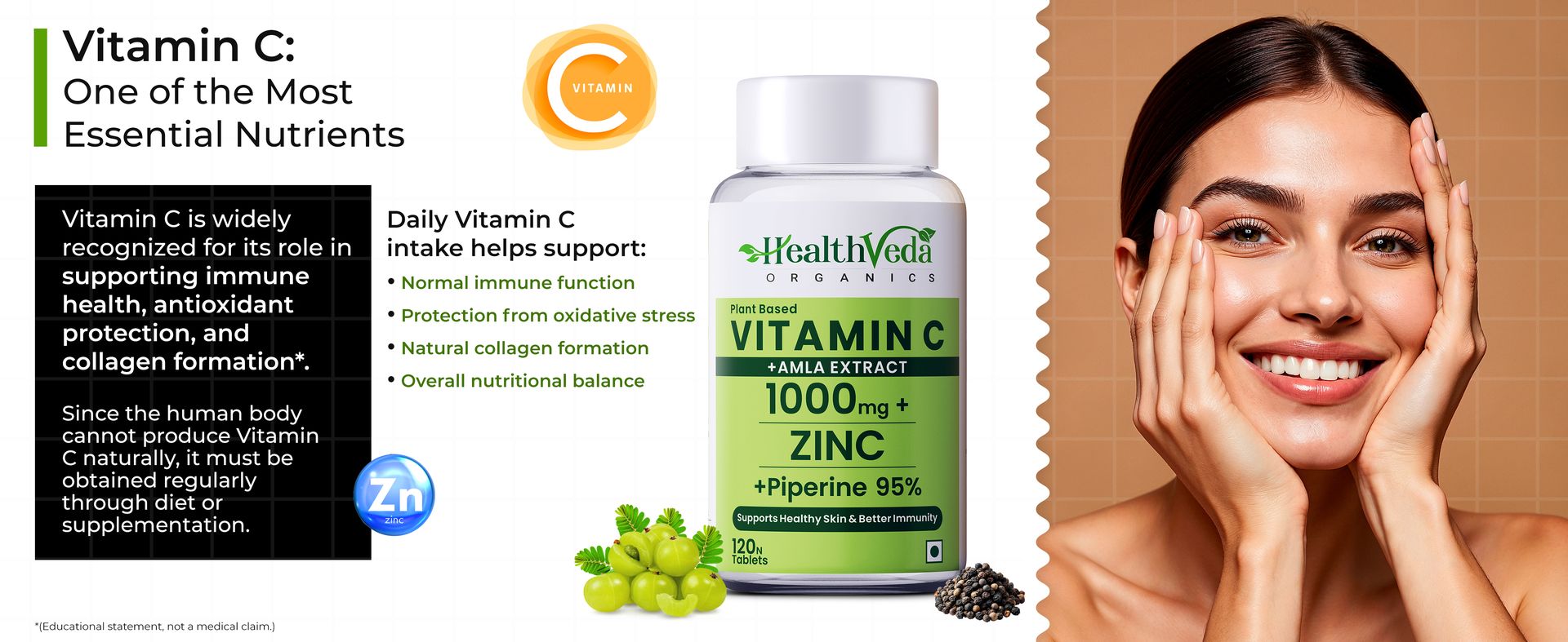 Health Veda Organics Natural Vitamin C Supplement 1000mg with Amla Extract, Zinc Bisglycinate, Ginger & Black Pepper | Immunity Booster, Antioxidant, Collagen & Skin Support | Vitamin C Tablets - 120 Tablets