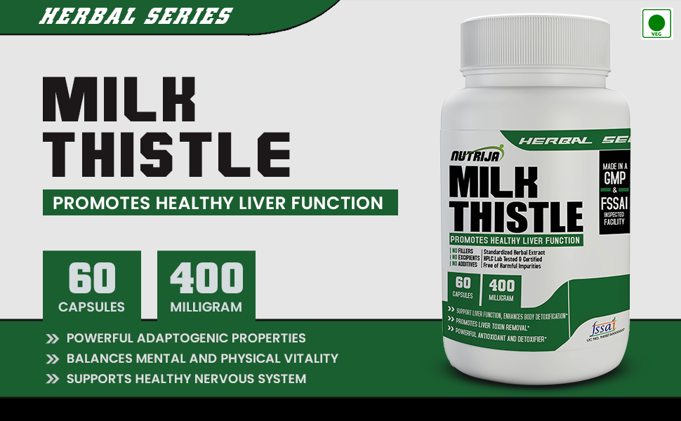 Nutrija Milk Thistle Extract 400mg | 60 Veg Capsules | Standardized to 80% Silymarin | Herbal Supplement | For Liver Support & Detoxification