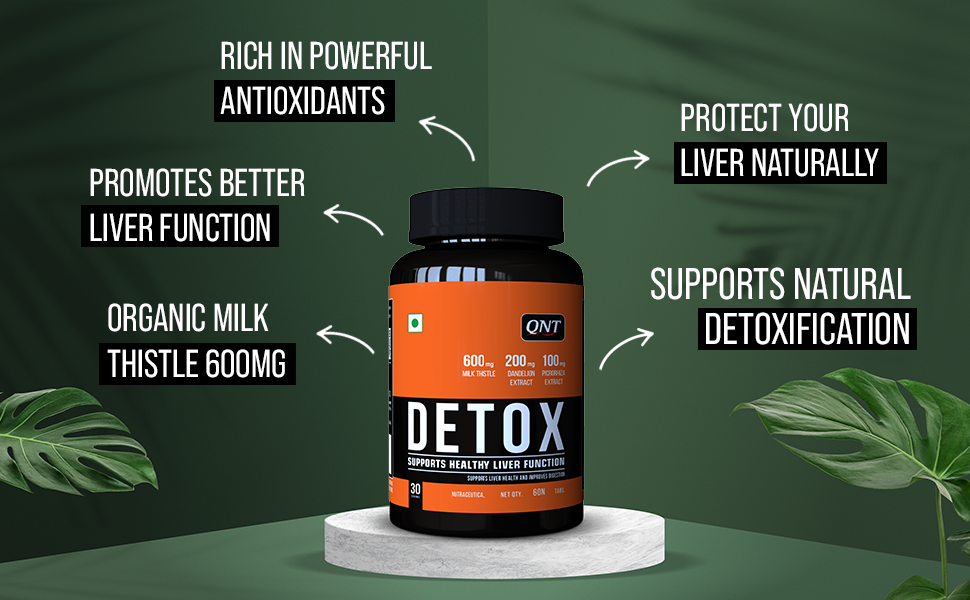 QNT Detox Supplement | 1200 mg Milk Thistle, Dandelion & Green Tea Extract | 13 Powerful Ingredients for Liver Detox, Immunity & Digestion | 60 Tabs | Potent & Holistic Detox Formula
