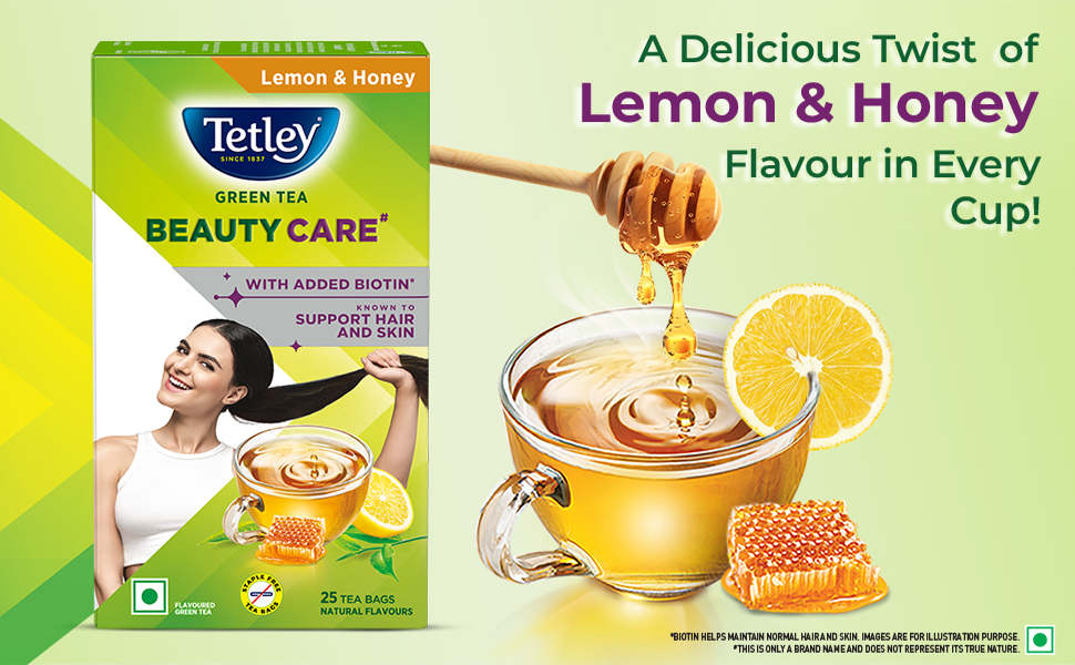 Tetley Green Tea Beauty Care, With Added Biotin, Supports Hair and Skin, 0 Calories, Natural Lemon and Honey Flavors, 25 Sachets (1.7 g each)