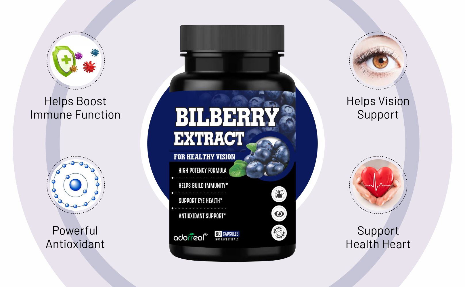 Bilberry Extract Capsules, Vision Health Support, 60 Count, High Potency Formula with Antioxidant Support