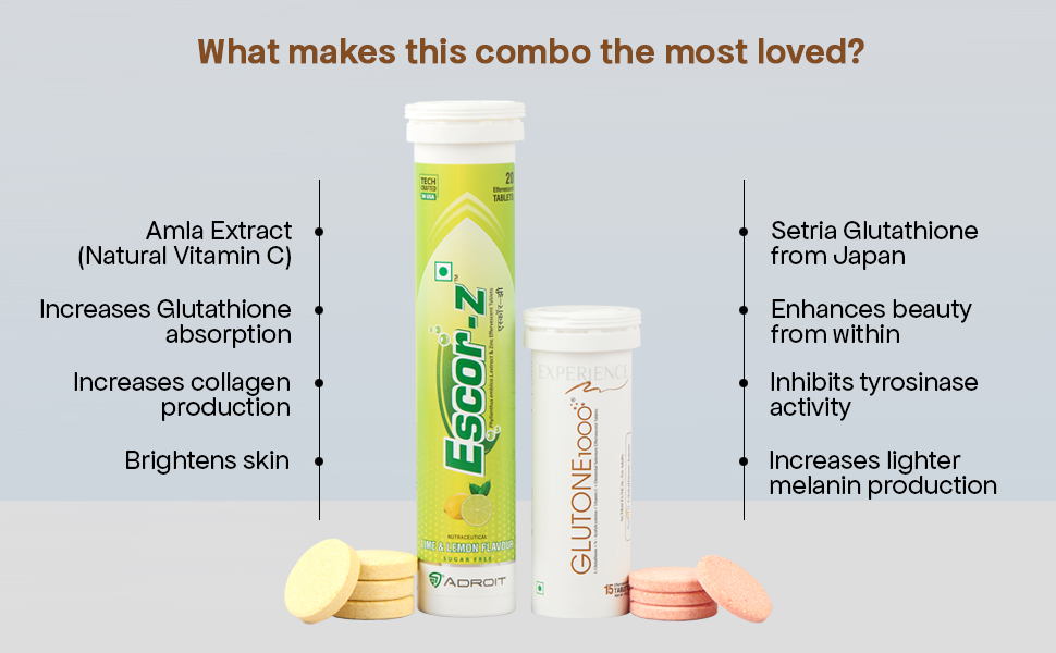Glutone 1000 & Escor-Z Combo Pack| Setria L-Glutathione, Vitamin C Effervescent Tablets| Healthy Skin| 15 (1) + 20 (1) Tablets (Lemon Flavour)