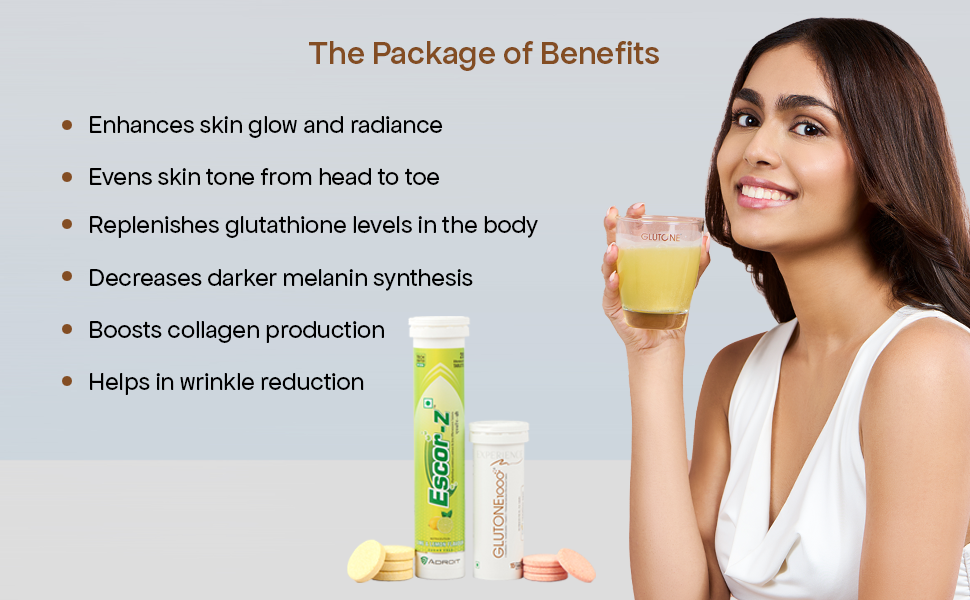Glutone 1000 & Escor-Z Combo Pack| Setria L-Glutathione, Vitamin C Effervescent Tablets| Healthy Skin| 15 (1) + 20 (1) Tablets (Lemon Flavour)
