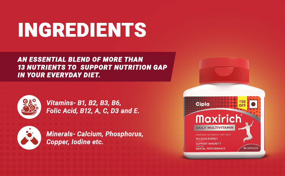 Cipla Maxirich Daily Multivitamin (30 Capsules) For Men & Women With Essential Nutrients, Vitamins, Minerals, Anti-oxidants For Building Immunity & Energy (Bottle Pack)
