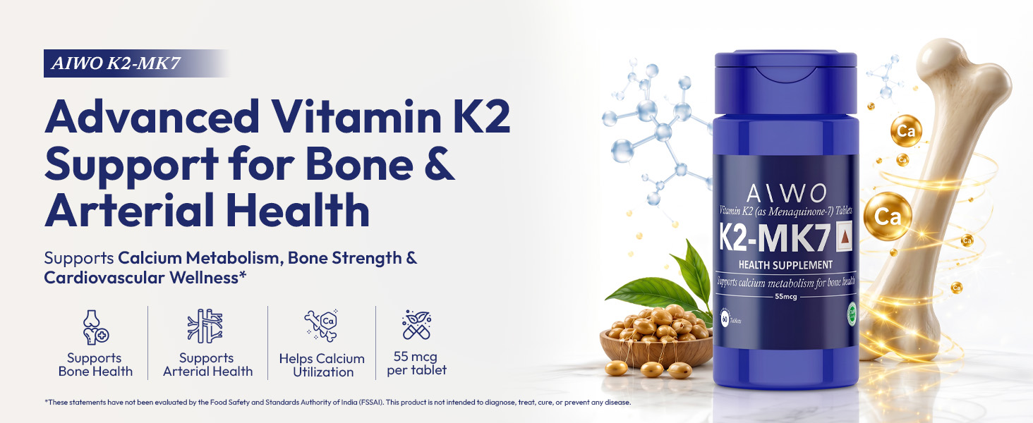 AIWO Vitamin K2 MK-7 55 mcg Tablets | Supports Bone & Calcium Metabolism | Menaquinone-7 Supplement | Vegetarian Formula for Men & Women | Daily Use Support | 60 Tablets
