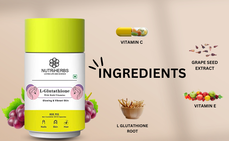 NUTRI HERBS L-Glutathione 800mg Capsules with Vitamin C, E & Biotin | Skin Brightening & Antioxidant Supplement | Glowing Skin, Healthy Hair & Nails | For Men & Women | 30 Capsules