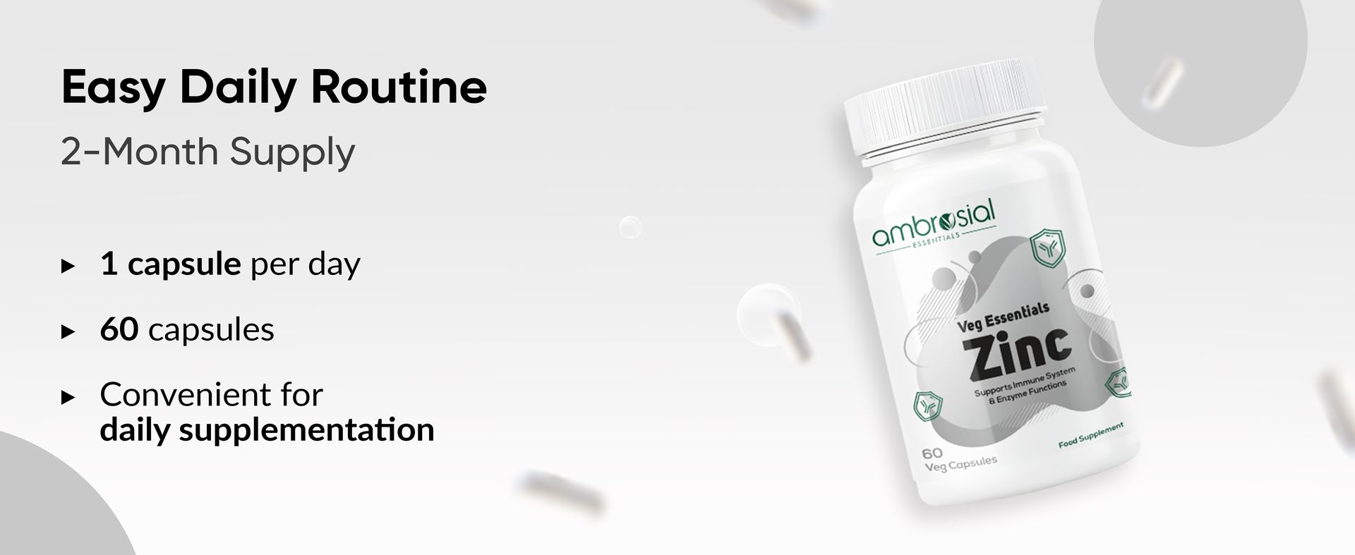 Ambrosial Zinc Supplements - High Strength 30 mg, Highly Bioavailable Zinc Supplement for Men & Women, Immune & Metabolism Support, Zinc Supplements, Pack of 1-60 Capsule