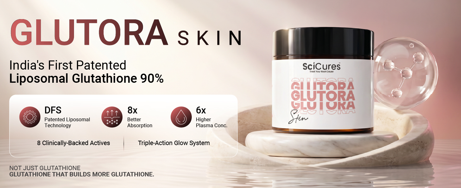 Glutora Skin Liposomal Glutathione 94% 650mg | Liposomal Vitamin C & E + GlyNAC 500mg | 8X Absorption | Niacinamide + HA | Skin Pigmentation, Brightening & Glow | TEM Verified | 30 Capsules