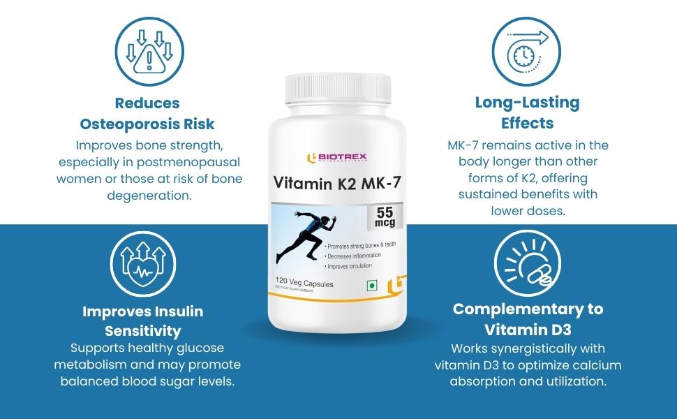 Biotrex Nutraceuticals Vitamin K2 MK-7 (Vegetarian Source) 55mcg | Bioactive Menaquinone-7 | Bone Health & Calcium Metabolism | High Absorption Formula | 120 Veg Capsules