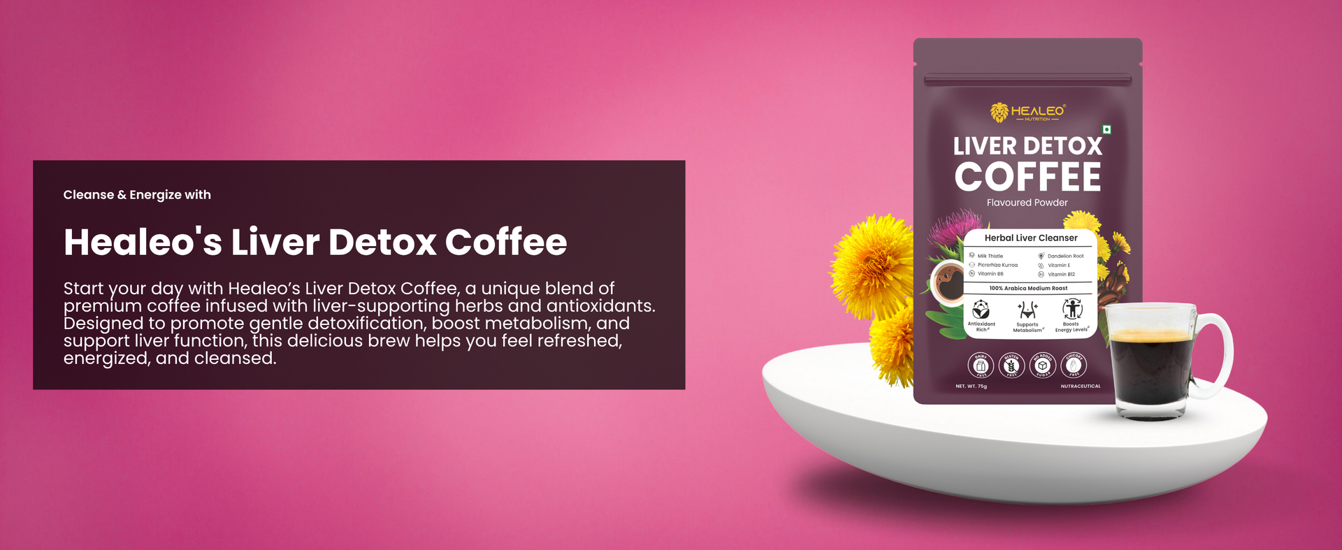 Healeo Liver Detox Coffee Powder 75g | Herbal Cleanser with Milk Thistle, Dandelion Root, Kutaki & Vitamins | Supports Fatty Liver Reversal, Detox & Liver Health