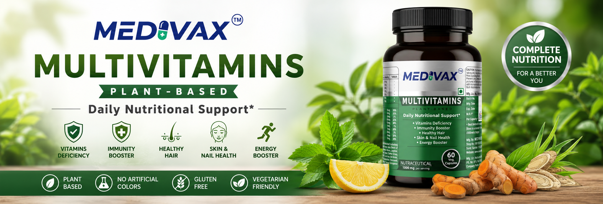 Plant-Based Multivitamin Supplement for Men & Women With Vitamin B1, B2, B3, B5, B6, B7, B9, B12, A, C, D3, E, Calcium, Megnesium, Potassium, Iron, Sodium, Zinc, To Daily Nutritional Support for Immunity, Increase Energy, Boost Stamina, Hair Skin & Nails, And Overall Health Vitamin Deficiency Support, 1000mg Nutraceutical (60 Veg Capsules)