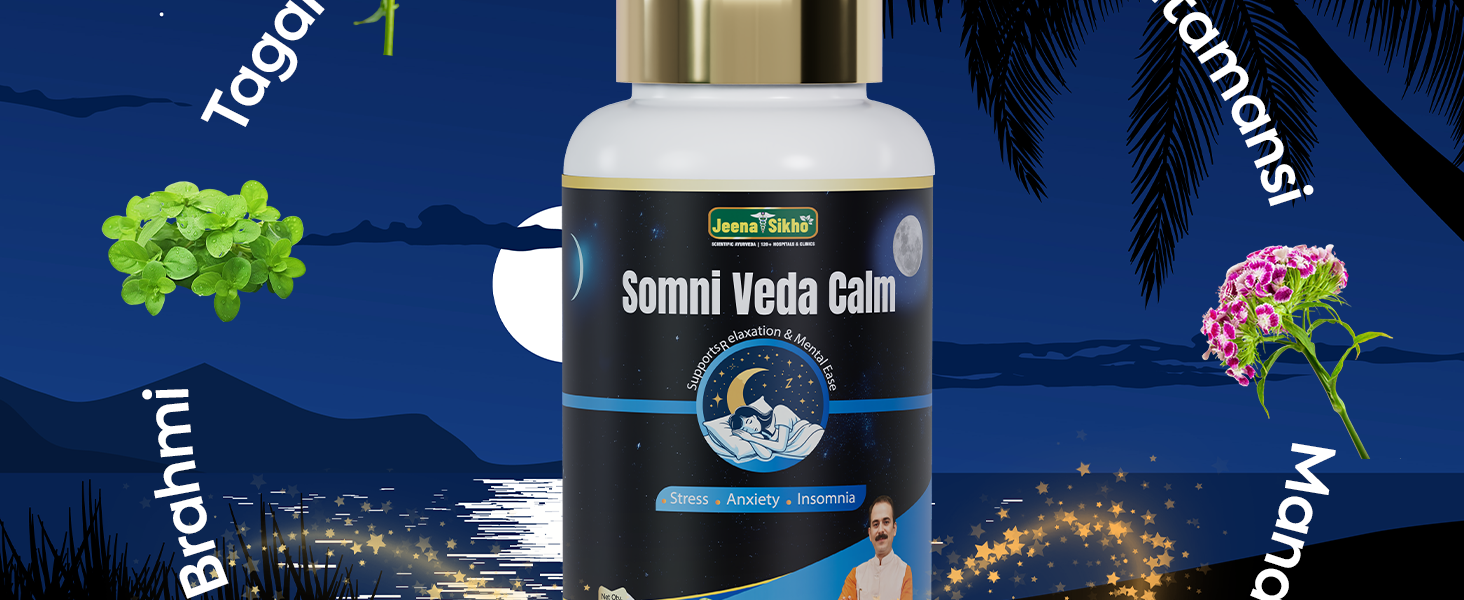 Jeena Sikho Somni Veda Calm Capsules| Stress Support for Men & Women |No Melatonin & Non Habit Forming Ayurvedic Formula with Ashwagandha, Jatamansi & Tagar | 60 Capsules