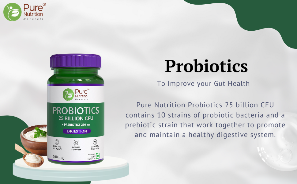 Pure Nutrition Probiotic + Prebiotic, 60 Veg Capsules (500mg) | 25 Billion CFU & 250mg Prebiotics for Men & Women | Improves Gut Health, Helps Digestion, Boosts Immunity & Eases Bloating
