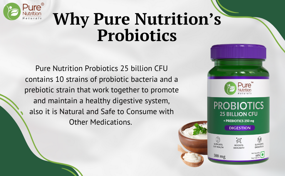 Pure Nutrition Probiotic + Prebiotic, 60 Veg Capsules (500mg) | 25 Billion CFU & 250mg Prebiotics for Men & Women | Improves Gut Health, Helps Digestion, Boosts Immunity & Eases Bloating