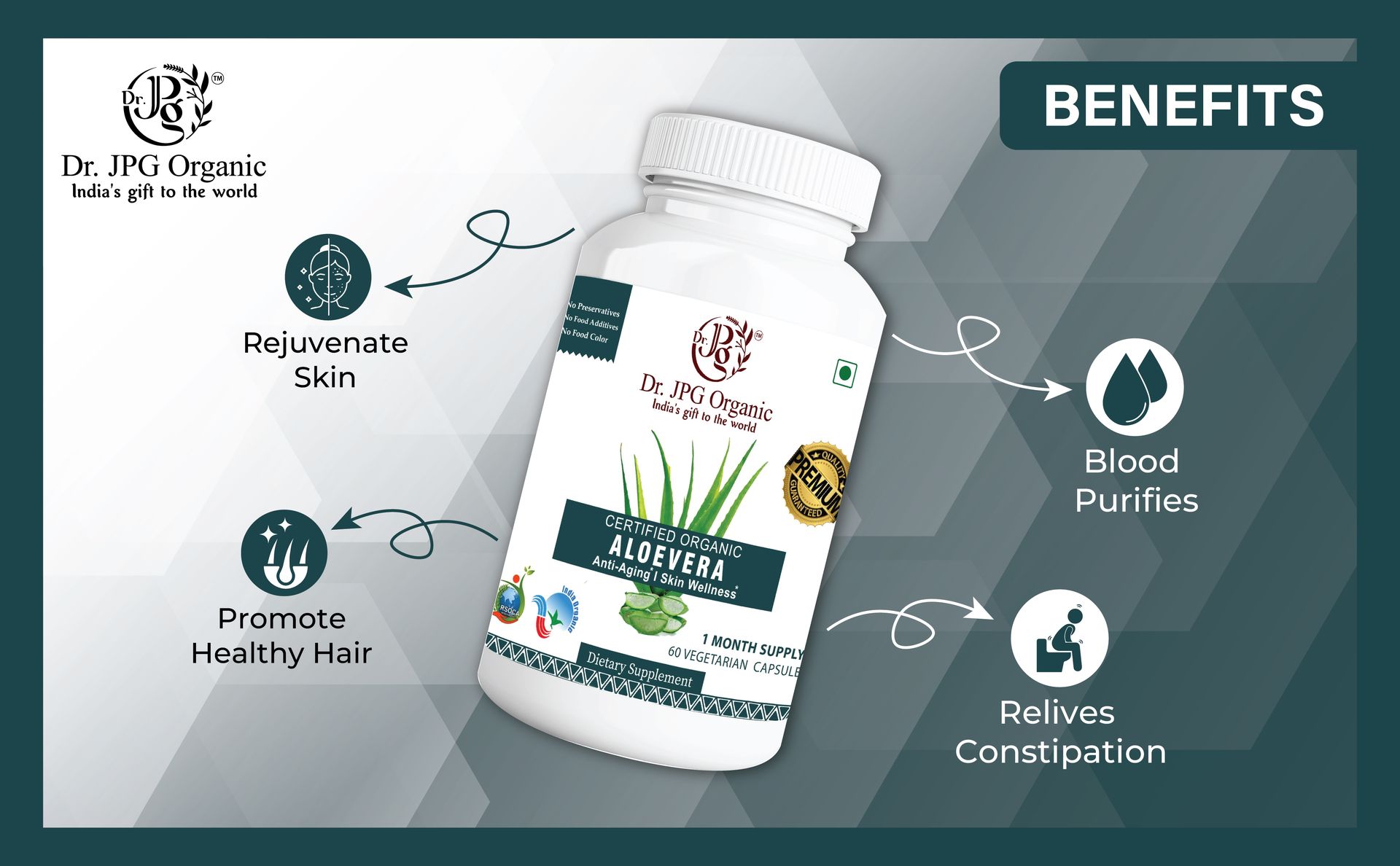 Dr. JPG Organic Aloevera Capsules 120 Veg Capsules/Helps Rejuvinate Skin and Hair/INDIA ORGANIC Certified