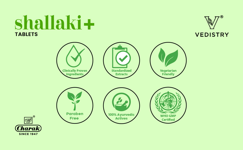 Vedistry Shallaki+ Tablets with Shallaki & Piperine for Relieving Joint Support & Muscle Pain Relief | Ayurvedic Supplement for Knee, Back, Joint & Shoulder Pain | Reduces Pain, Stiffness, Swelling & Enhances Bone Strength – 60 Tablets (Pack of 1)