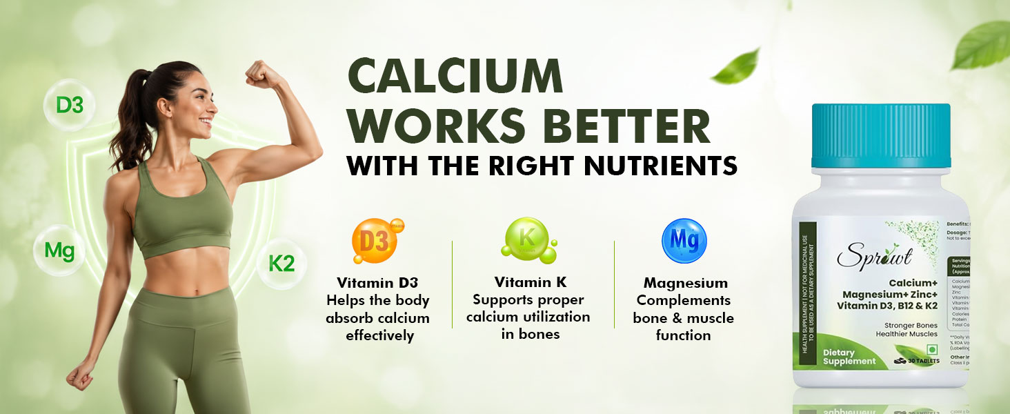 Sprowt Calcium Magnesium Zinc Vitamin D3, B12 & K- Vegetarian Tablets I Supplement for Women and Men, For Bone Health & Joint Support (120 count (Pack of 1))
