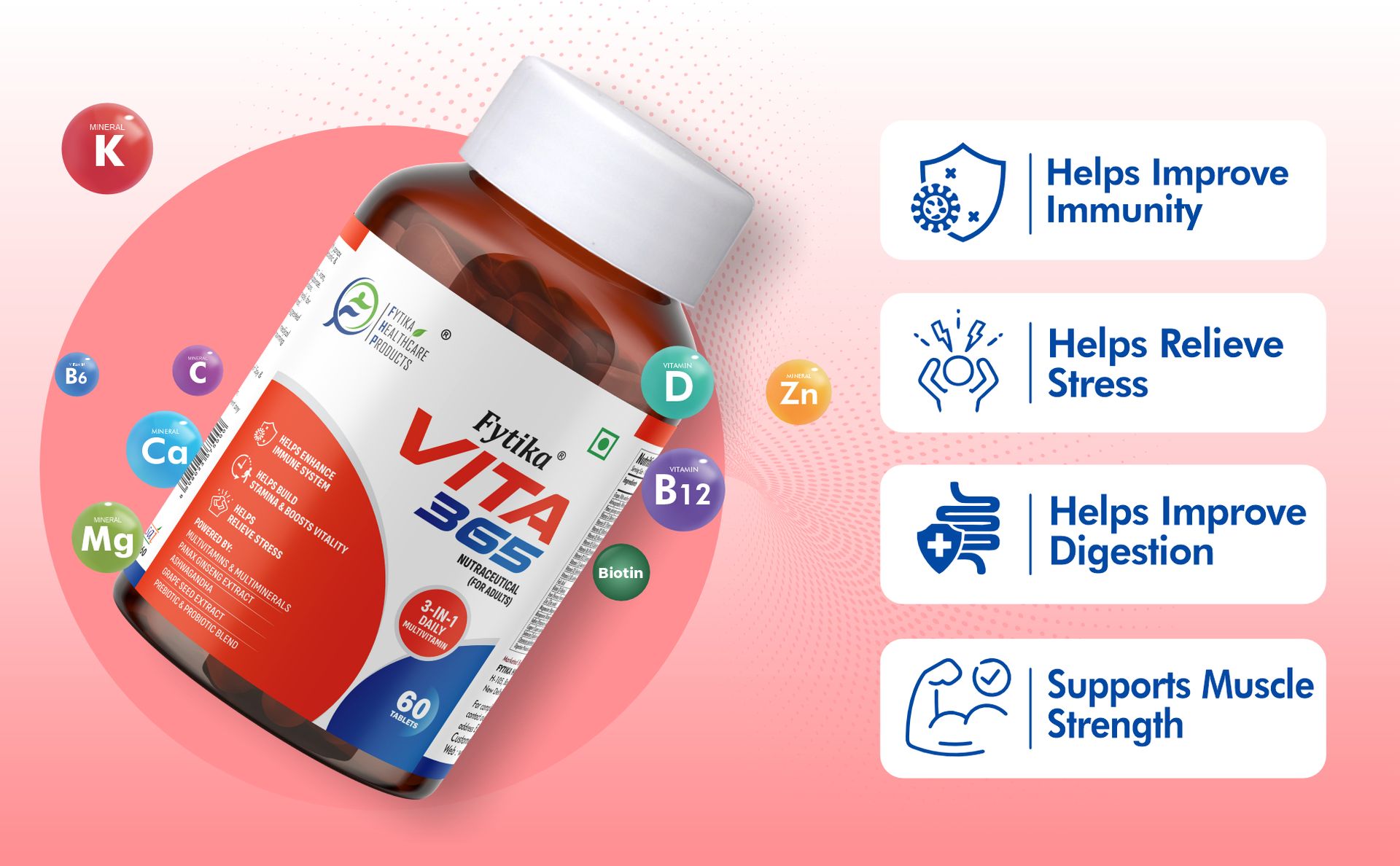 Fytika Vita 365-60 Tablets (Pack of 1) | Multivitamin For Men and Women | With Ashwagandha, Ginseng, Probiotics & Prebiotics and Biotin| Enhances Energy, Immunity and Digestion