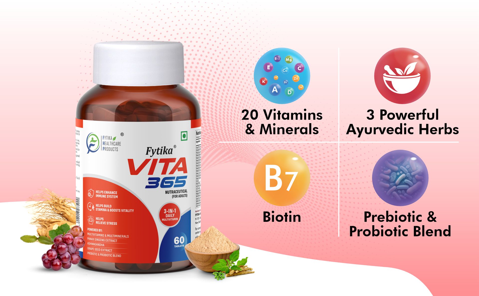 Fytika Vita 365-60 Tablets (Pack of 1) | Multivitamin For Men and Women | With Ashwagandha, Ginseng, Probiotics & Prebiotics and Biotin| Enhances Energy, Immunity and Digestion