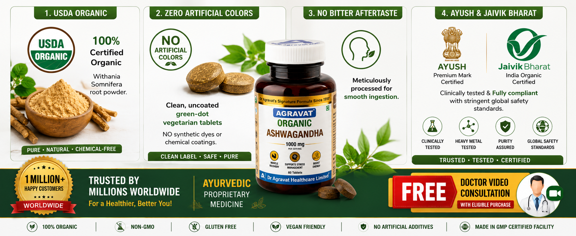 Dr Agravat Organic Ashwagandha 1000mg | Clinically Proven | 60 Veg Tab