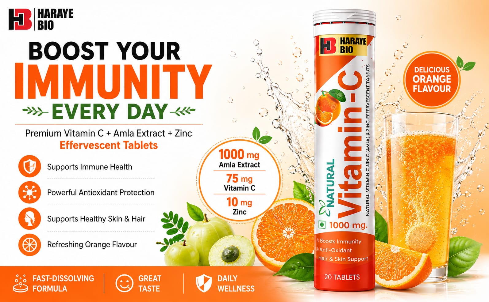 Natural Vitamin C Effervescent Tablets With 1000 Mg Amla Extract & Zinc Sulphate Monohydrate | Immunity Booster Supplement Orange Flavour | Fast Dissolving 20 Tablets Pack Of 1