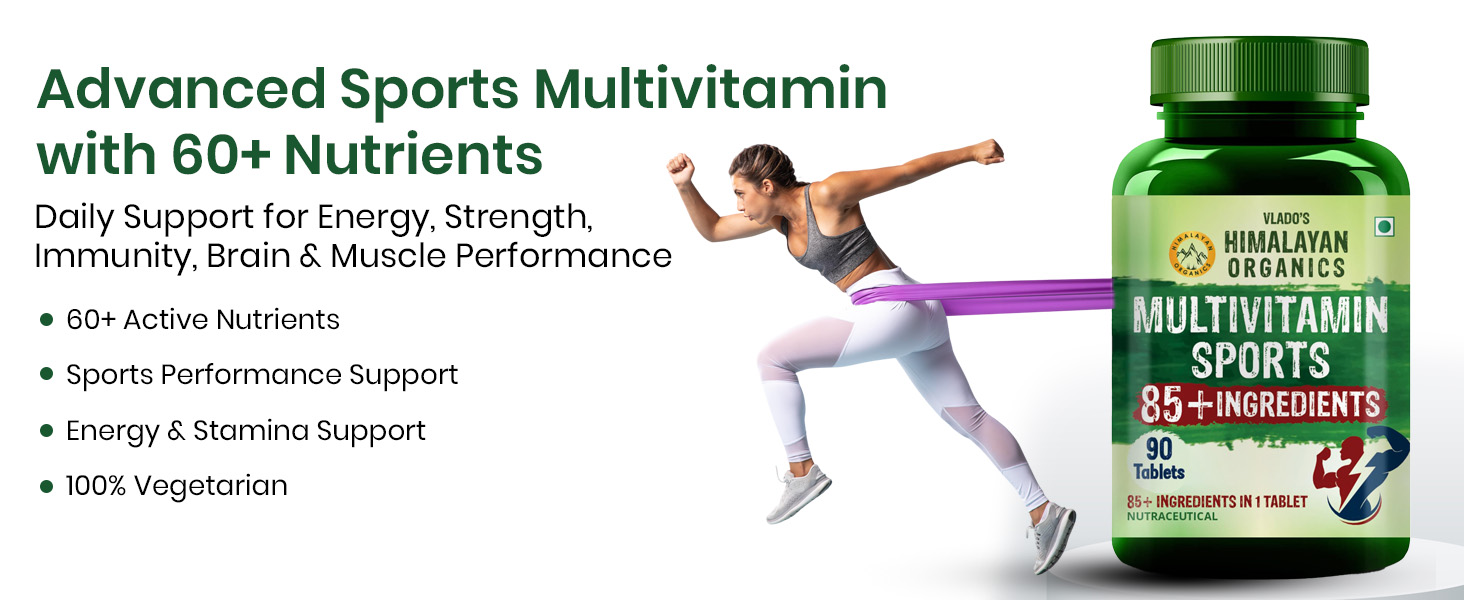 Vlado's Himalayan organics Multivitamin Sports with Vitamin B1,B2,B3,B5,B7,B9,B12,A,D3,K2,E And Calcium Magnesium Zinc with Iron, Copper, Selenium, Chromium, Zeaxanthin, Lutein, Brahmi, Ashwagandha, Ginkgo, L-carnitine, L-arginine, Gokhru and Spirulina with 60+ Nutrients | Good For Brain, Eye, Muscle & Joint Care - 90 Veg Tablets
