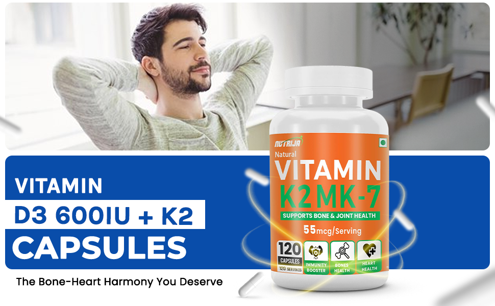 NutriJa Vitamin D3 600IU + K2 55mcg as MK7 Supplement 120 capsules - Stronger Immunity, Supports Bones, Joints & Heart Health