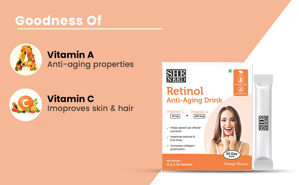 Sheneed Retinol activated anti-aging drink with Pure Vitamin A & C, reduces wrinkles- Vegan- 10g X15 Sachets