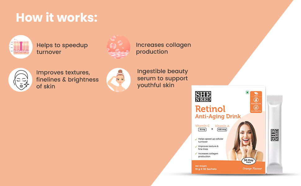 Sheneed Retinol activated anti-aging drink with Pure Vitamin A & C, reduces wrinkles- Vegan- 10g X15 Sachets