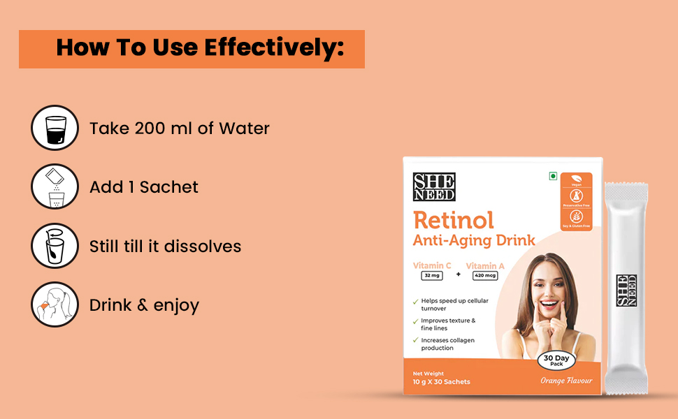 Sheneed Retinol activated anti-aging drink with Pure Vitamin A & C, reduces wrinkles- Vegan- 10g X15 Sachets