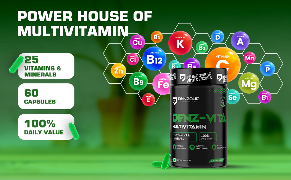 Denzour Nutrition Denz-Vita Multivitamin Capsules for Men & Women | 25 Essential Vitamins & Minerals | Supports Daily Energy, Immunity & Recovery | 60 Capsules