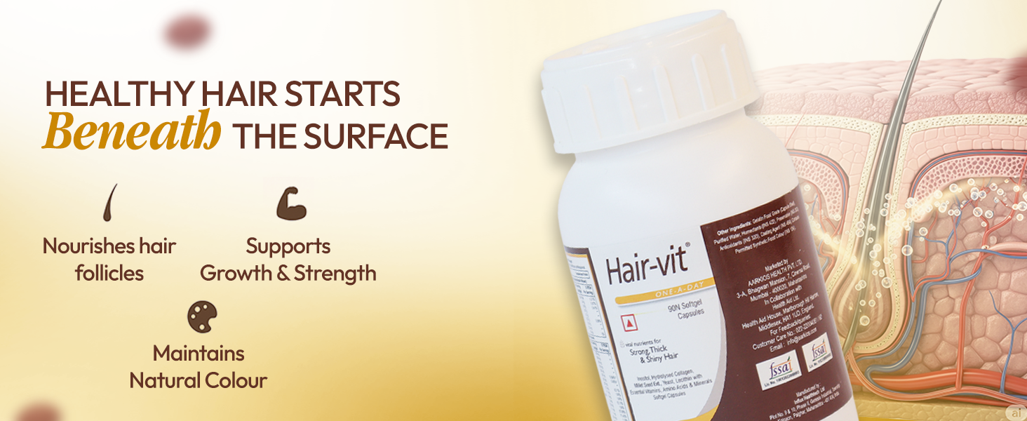 HealthAid Hair-Vit with Biotin, Zinc, Folic Acid, Fibre & Multivitamins | Hair Supplement for Men & Women | Supports Stronger, Thicker & Shinier Hair | 90 Softgel Capsules