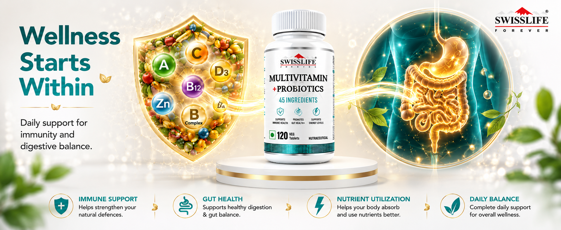 Swisslife Forever Multivitamin with Probiotics - 45 ingredients for men and women| Vit.A, B vitamins, C, D, E | Biotin, Zinc, Vitamins, Minerals and Giloy (120 Veg Tablets)