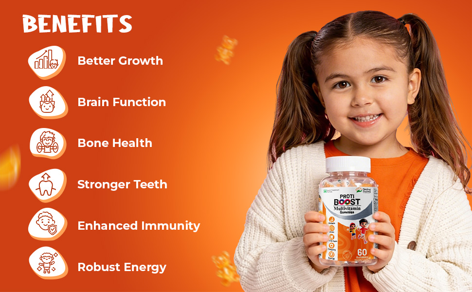 Healing Pharma - Protiboost Multivitamin Gummies for Kids | Daily Supplement for Growth, Immunity, Brain, & Bone Health | No Added Sugar & Gluten Free | Orange Flavour | 60 Gummies