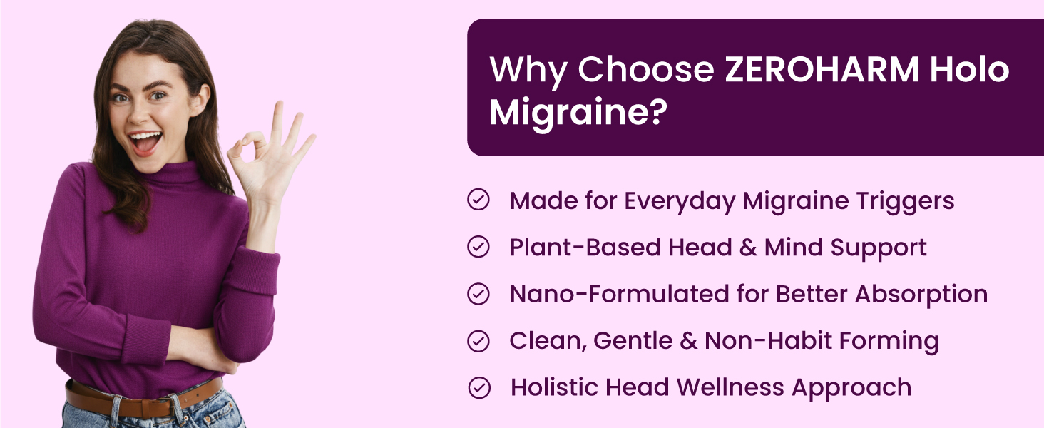ZEROHARM Holo Migraine Capsules | Headache Relieve Supplement | Reduces Migraine, Non-Drowsy | For Optimal Brain Health | Helps in Reduces Frequency | Men & Women | 60 Capsules