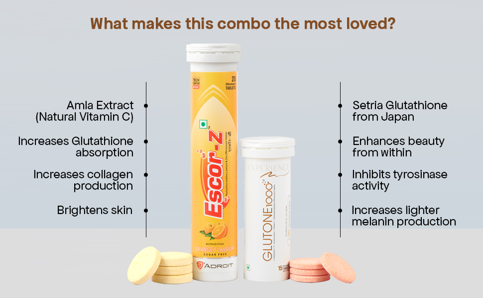 Glutone 1000 & Escor-Z Combo Pack| Setria L-Glutathione, Vitamin C Effervescent Tablets| Healthy Skin| Pack of 15 (1) + 20 (1) Tablets (Orange Flavour)