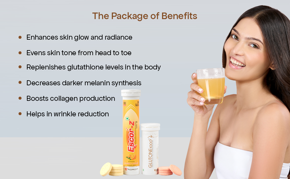 Glutone 1000 & Escor-Z Combo Pack| Setria L-Glutathione, Vitamin C Effervescent Tablets| Healthy Skin| Pack of 15 (1) + 20 (1) Tablets (Orange Flavour)