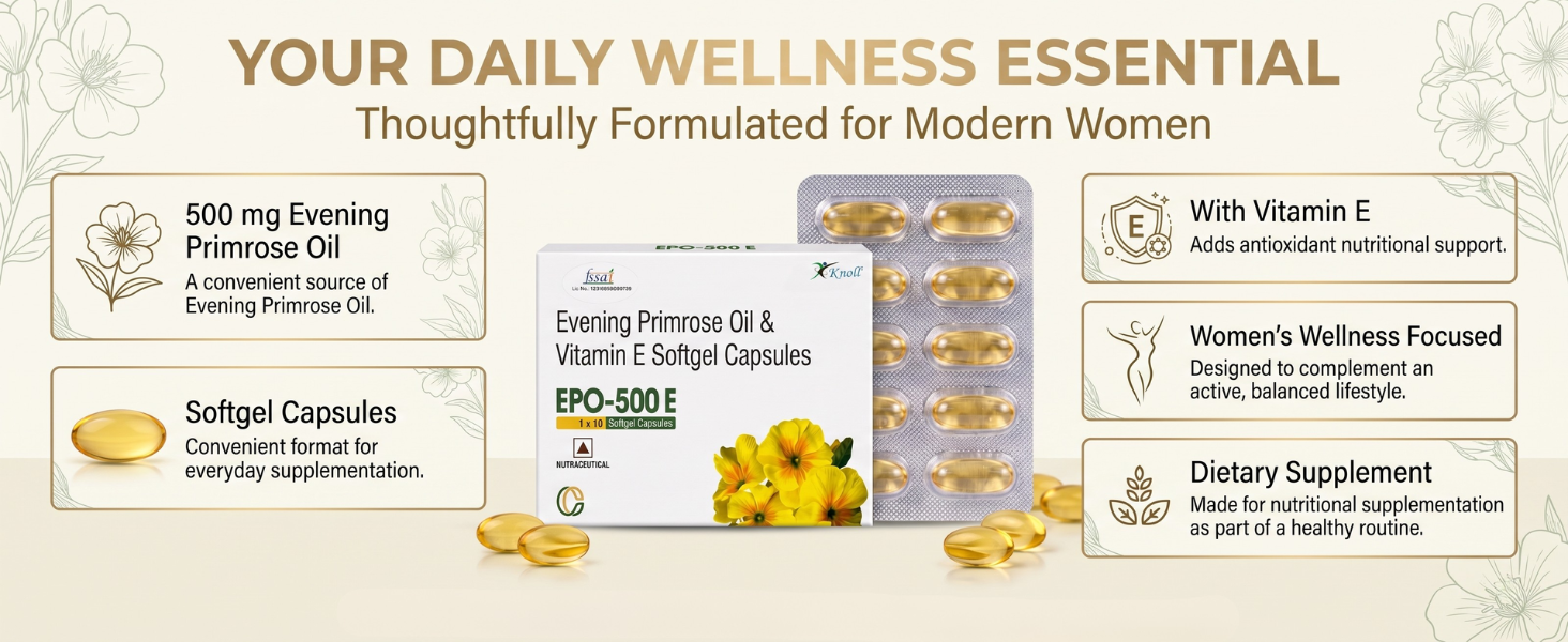 Knoll Healthcare EPO-500E Evening Primrose Oil 500 mg with Vitamin E Softgel Capsules | Supports Women’s Wellness, Skin Health & Antioxidant Support | Dietary Supplement (1x10 Capsules)