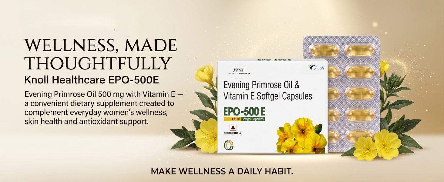 Knoll Healthcare EPO-500E Evening Primrose Oil 500 mg with Vitamin E Softgel Capsules | Supports Women’s Wellness, Skin Health & Antioxidant Support | Dietary Supplement (1x10 Capsules)