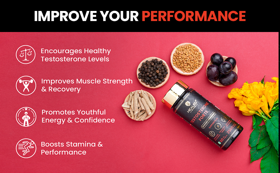 Healeo Testo Forte, 12-in-1 Testosterone Booster for Men with Tribulus, Safed Musli, Panax Ginseng, L-Arginine - Enhances Stamina, Muscle Strength & Power - Lab Tested - 60 Veg Tablets