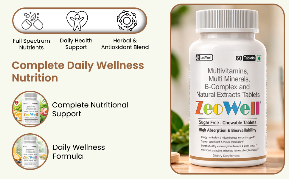 (LeeWell) Chewable Advanced Complete Multivitamin Tablet for men and women | Supports Eye, Vision, Bone, Teeth, and Muscle Function | Daily Energy & Stamina Support | Ashwagandha, Lutein, Zeaxanthin, Calcium Magnesium, Zinc & more - 60 Tablets