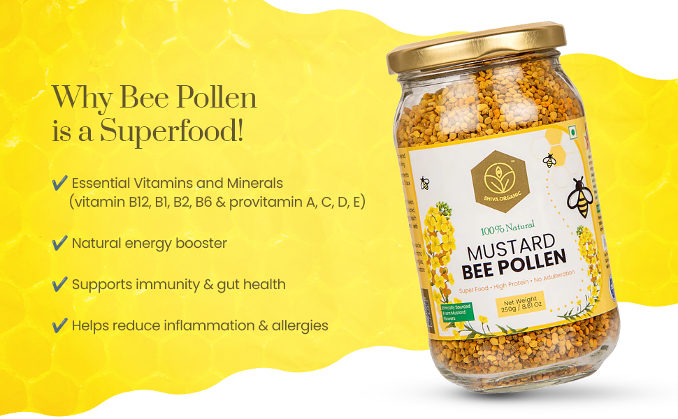 Shiva Organic 100% Natural Mustard Bee Pollen Granules - 250 g | Plant based Protein | Natural Superfood